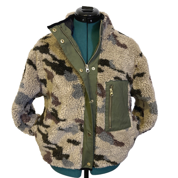 NWT Dylan Los Angeles Sherpa Fleece Jacket Tan Green Camo Women's Size XS - Picture 2 of 10